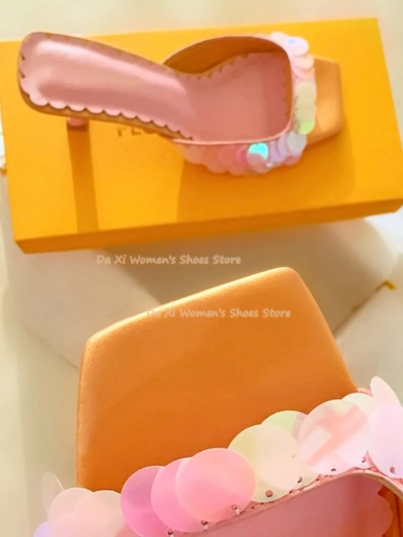Glitter Material Pink Orange Color Color Blocking High Heels Sandals Square Head Slippers Party Formal Dress Shoe Summer  Heels