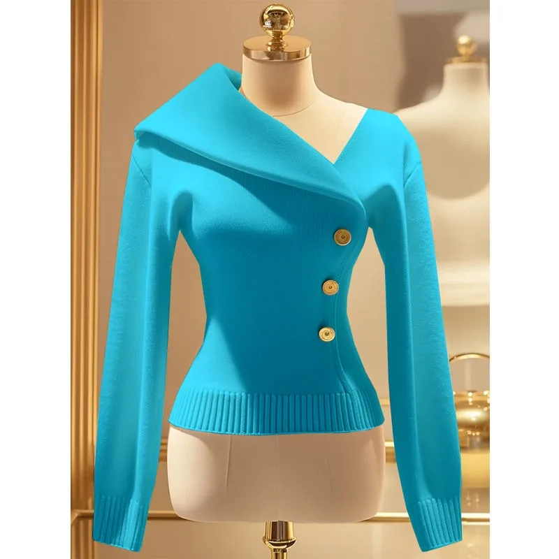 Temperament Elegant Niche Slim Fit Solid Color Knitted Women\'s Autumn 2024 New Asymmetrical Lapel Sweater Pullover