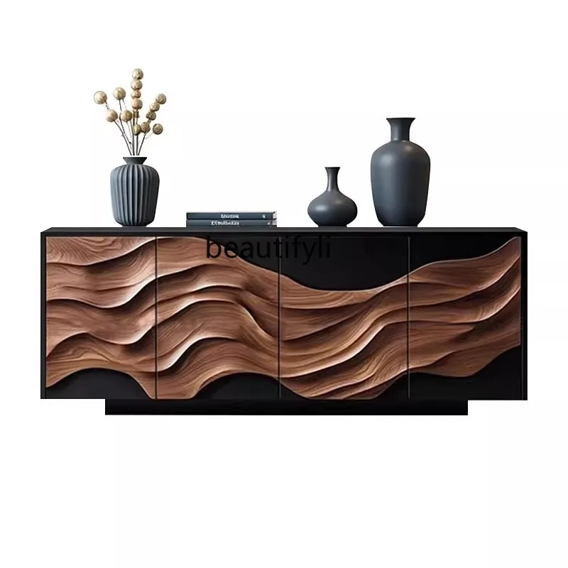 

Modern entrance cabinet, wabi-sabi wind solid wood entry, hall integrated locker against the wall, storage side cabinet