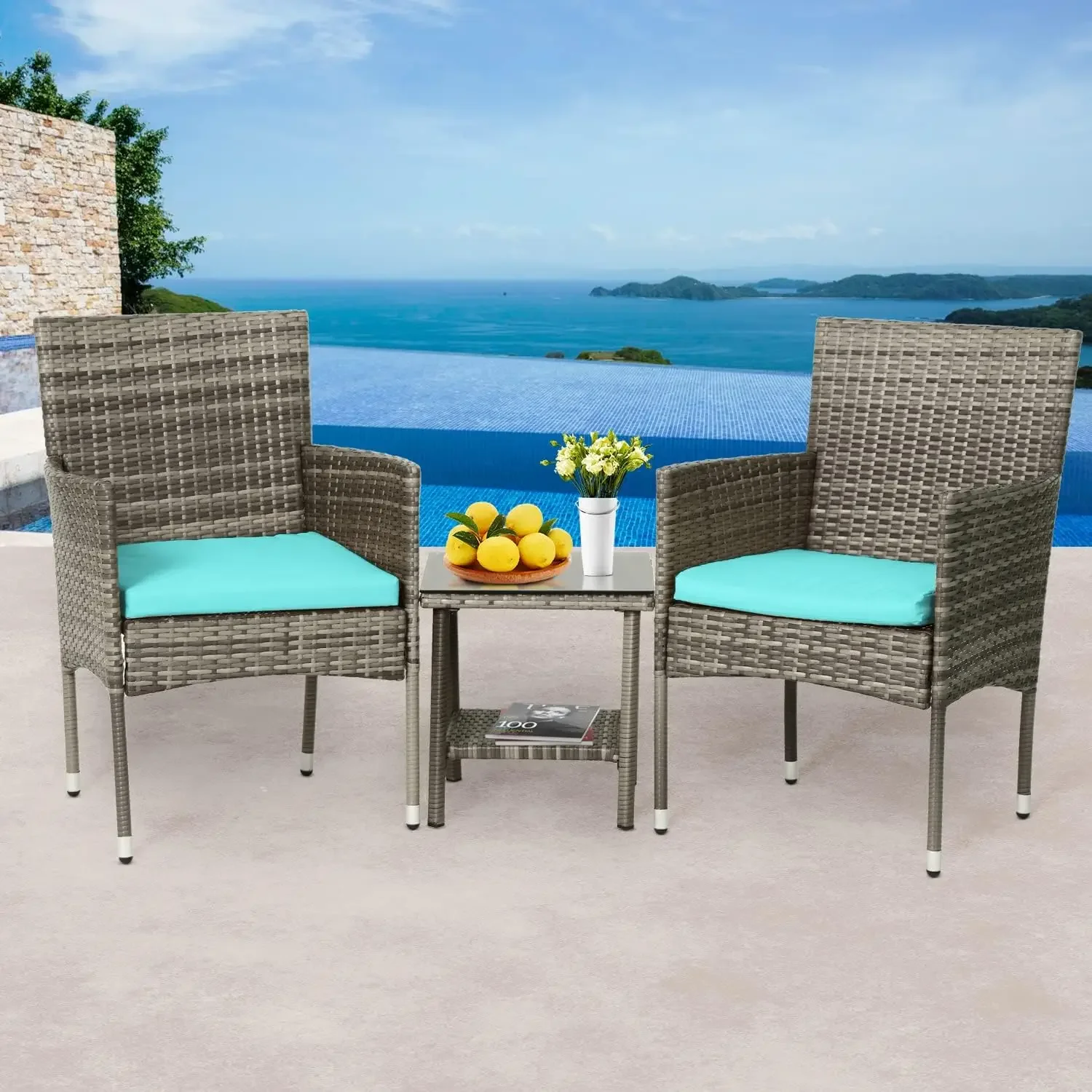 Bistro Conversation Set 2 Rattan Chairs with Blue Cushions and Glass Coffee Table for Porch Lawn Garden Balcony Backyard