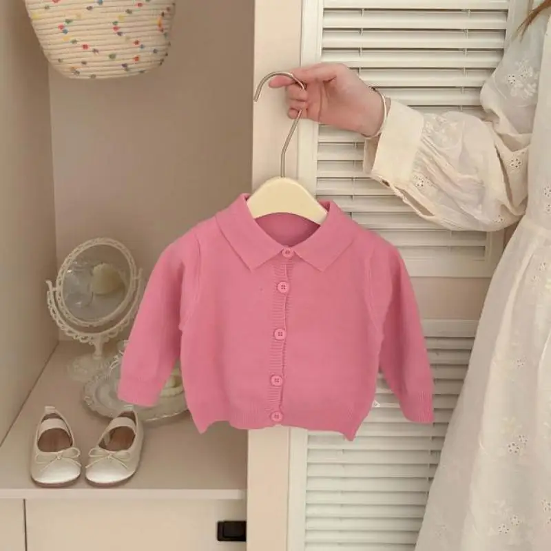 2026 Autumn New Baby Long Sleeve Sweater Coat Girls Polo Collar Knitted Cardigan Solid Toddler Casual Knitwear Kids Clothes