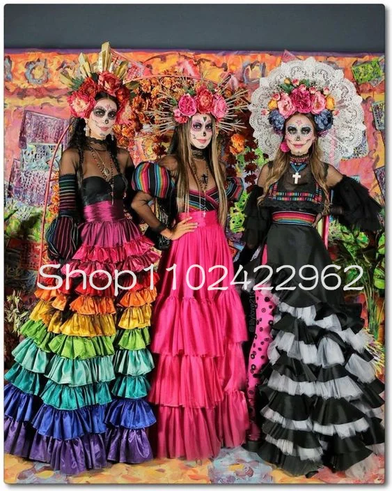 Rainbow Catrina Mexican Culture Prom Dresses Illusion Long Sleeve Death Day Costumes Sheer Neck Evening Gown Oufit customsized