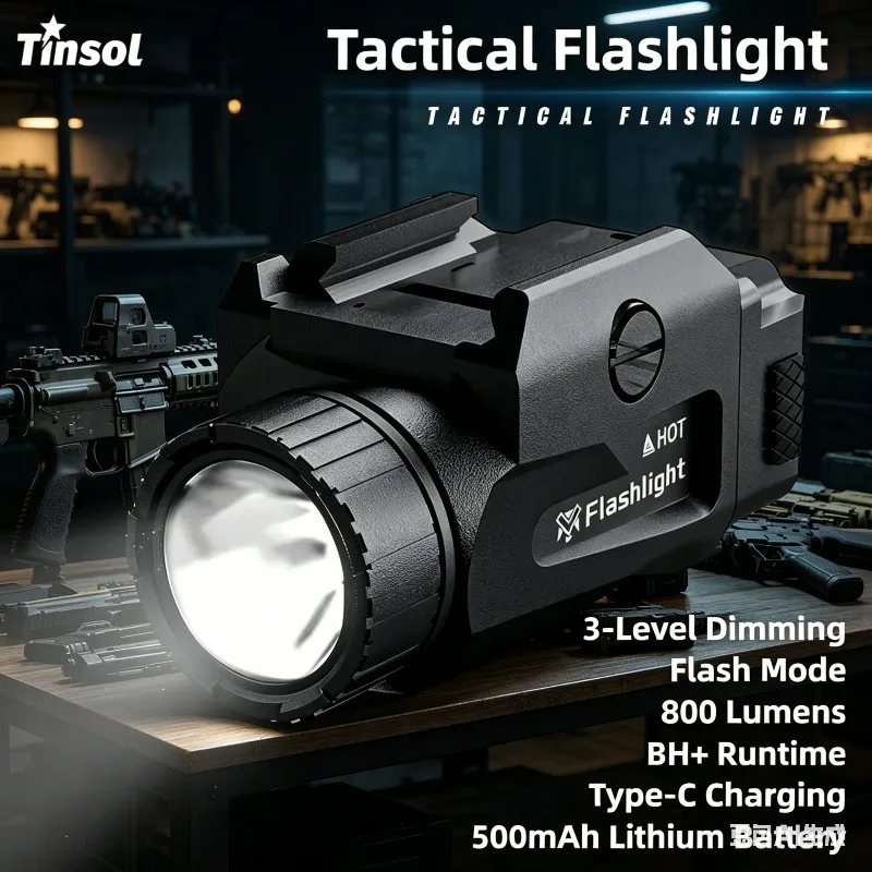 TINSOL 800LM Outdoor Tactical Pistol Lamp Strobe Mode USB Recharge Quick Release Light Fit Standard Picatinny Rail