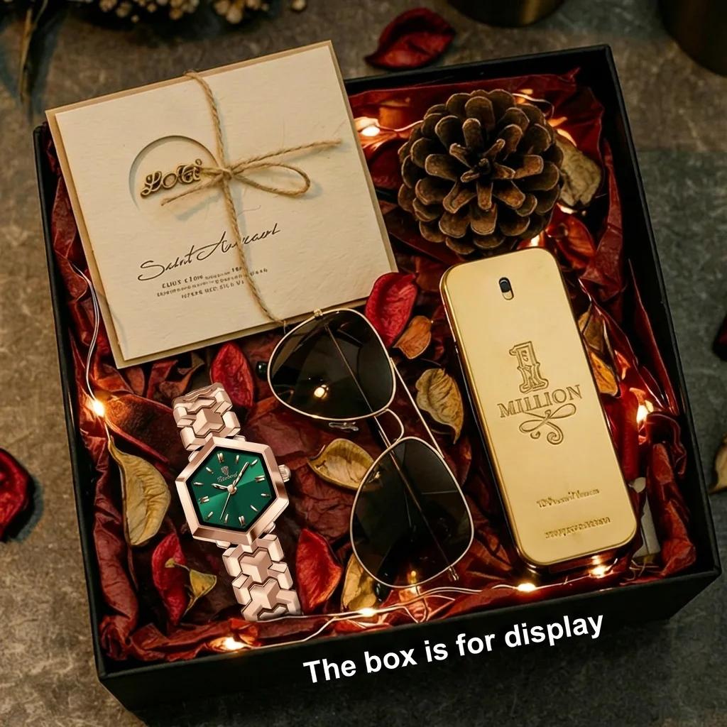 4pcs Women's Rose Gold & Green Metal Elegant Fashion Hexagonal Dial Quartz Watch Gift Box Set for Daily Wear, Valentine's Day