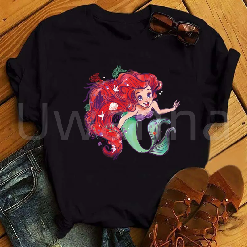 Cartoon Ariel Princess Women T-shirt Girl Print The Little Mermaid Cute Graphic Top Ladies Shirt Female Vintage Summer Clothes