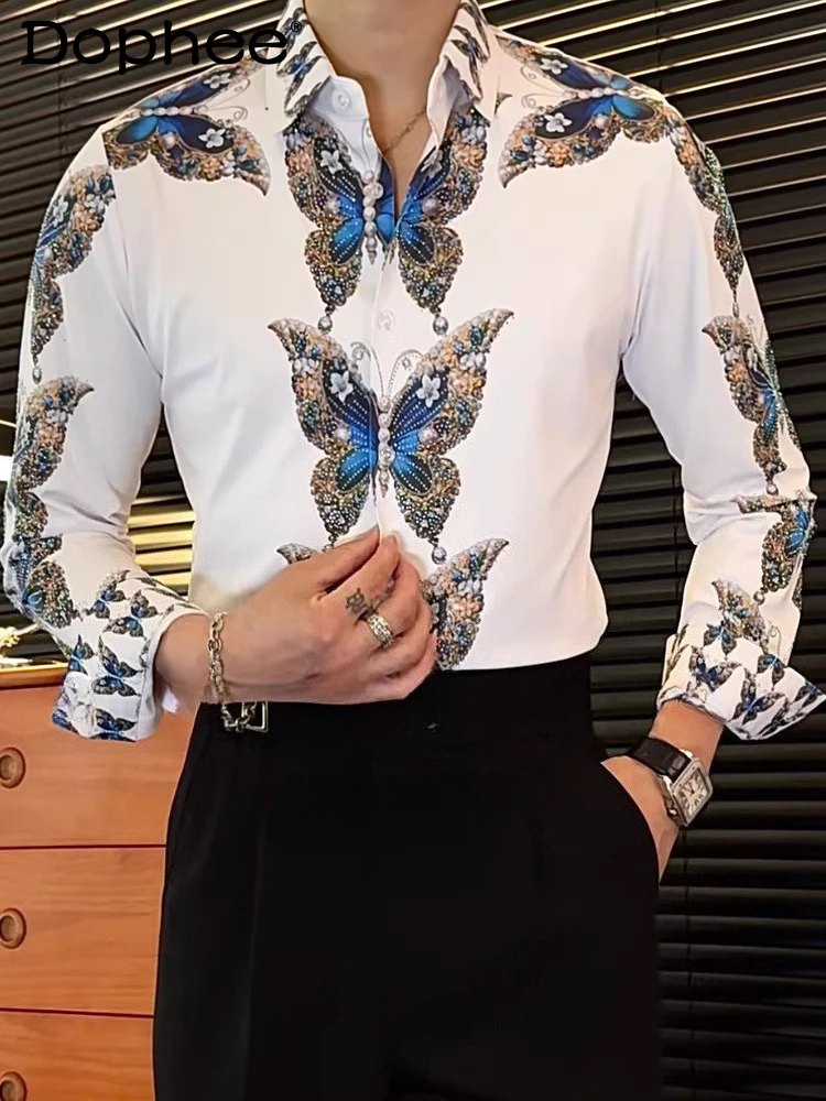 

Модные мужские рубашки с принтом бабочек и стразами, лето 2026, новые, эластичные, немнущиеся, трендовые, приталенные, с коротким рукавом