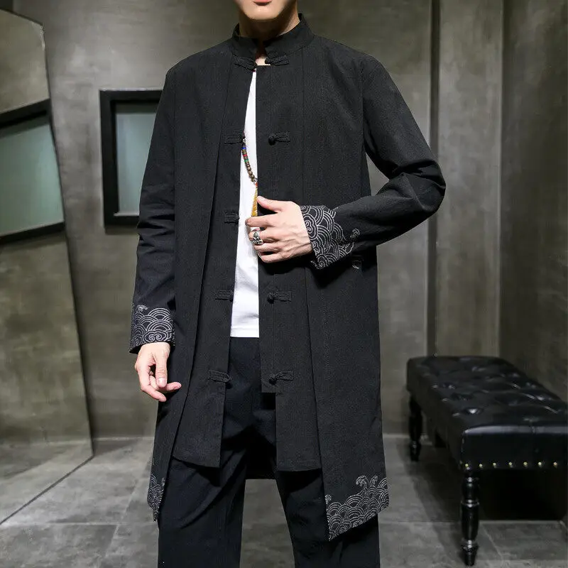 Chinese-style Men's Black Trench Coat, Single-breasted Stand-up Collar Long Jacket, Asian Sizes 2026 New Arrival.