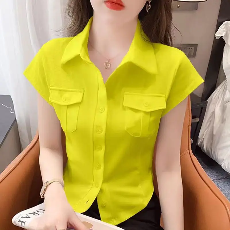 Summer Trend All-match Buttons Solid Color Turn-down Collar Short Sleeve Blouse Ladies Fashion Slim Women\'s Shirt Korean Cotton