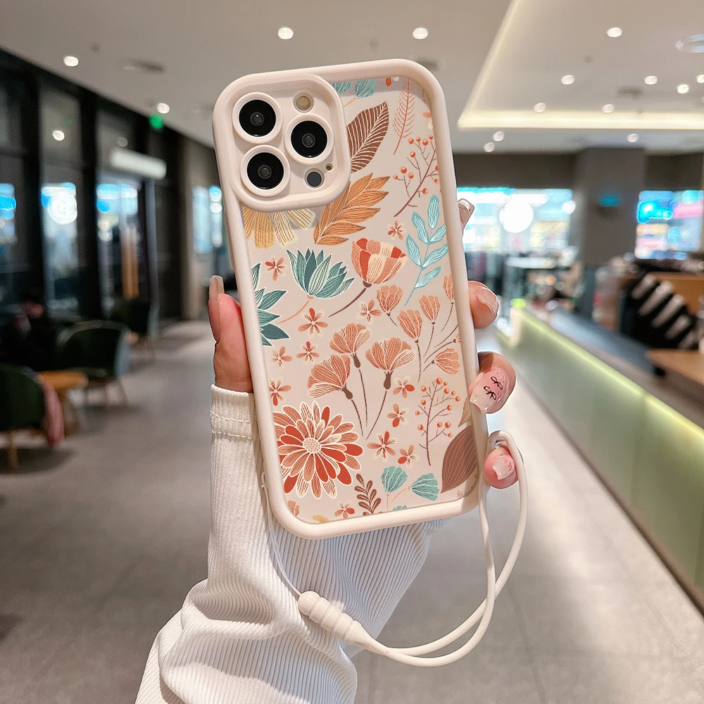 INS Bustling Pattern Flowers Phone Case for IPhone 15 14 13 12 11 Pro Max Mini XR X 7 8 Plus Soft TPU Back Cover With Hand Strap