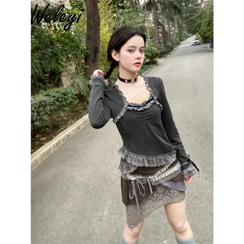 

Y2K Dark Grey Long Sleeve T-Shirt Halter T Top Aesthetic Clothes Femme Clothes Blusas Verao 2024 Spring New Tshirts Feminino