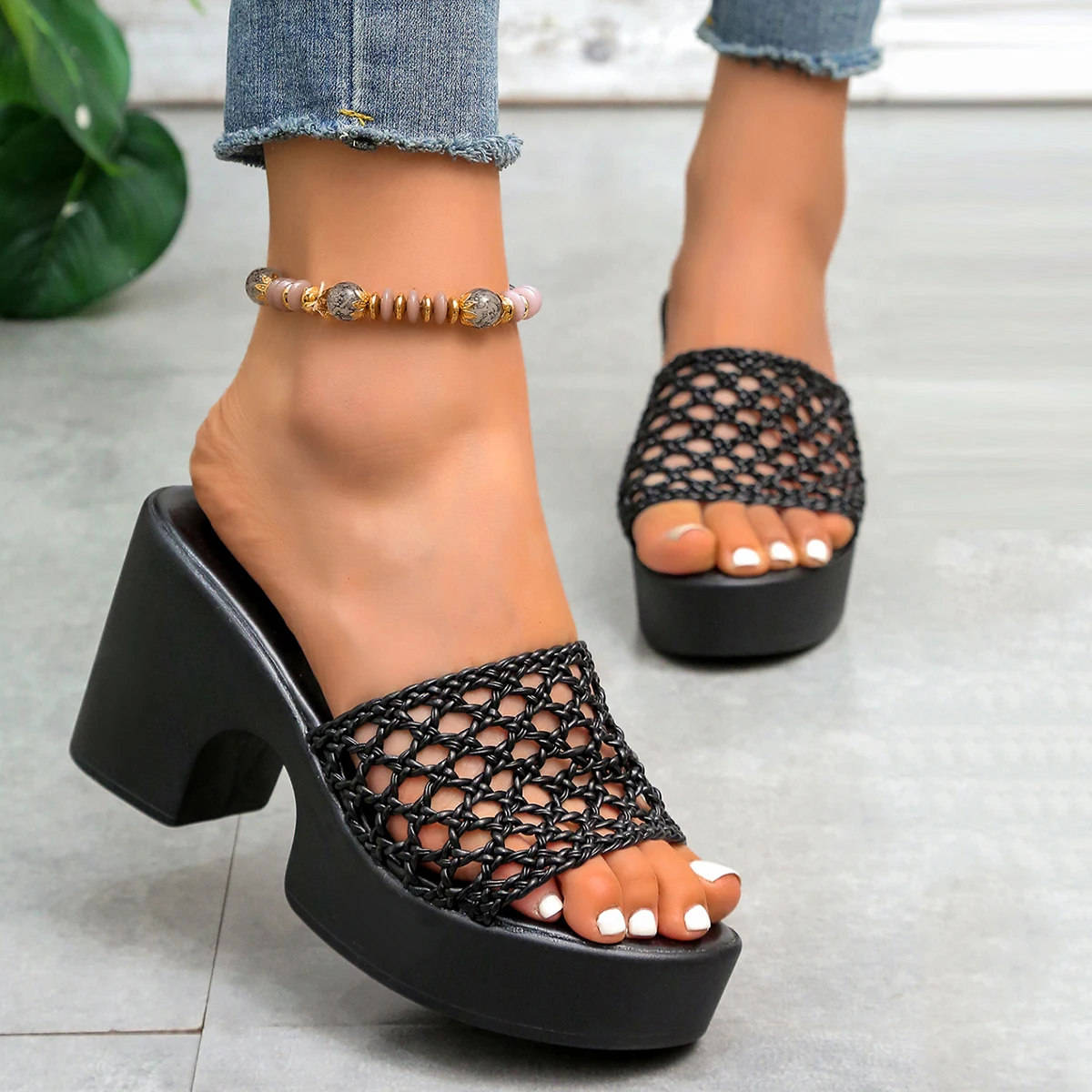Summer Women Crochet Woven Mesh Open Toe Chunky Block High Heels Platform Sandals Slides Bohemian Sexy Beach Casual Shoes Ladies