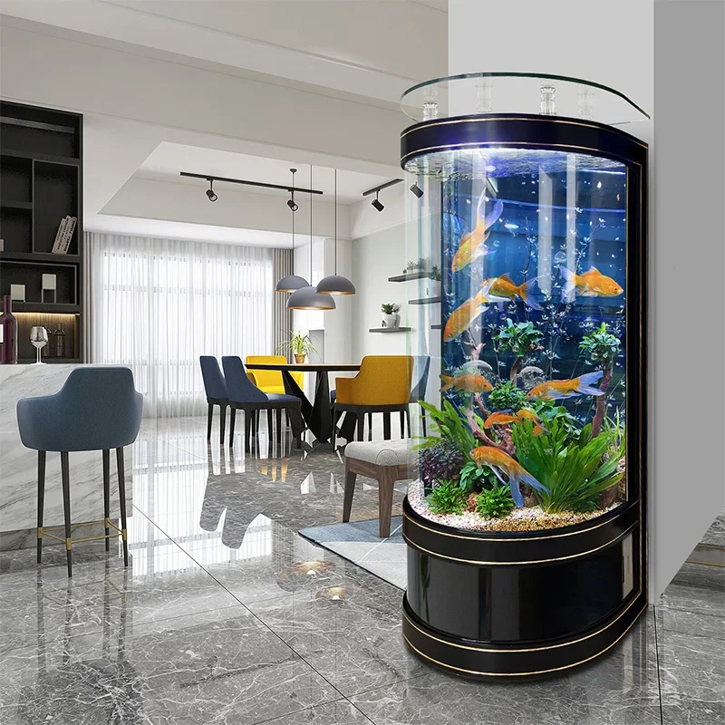 Semicircular fish tank next to TV cabinet Living room Small water-free household glass floor-to-ceiling aquarium