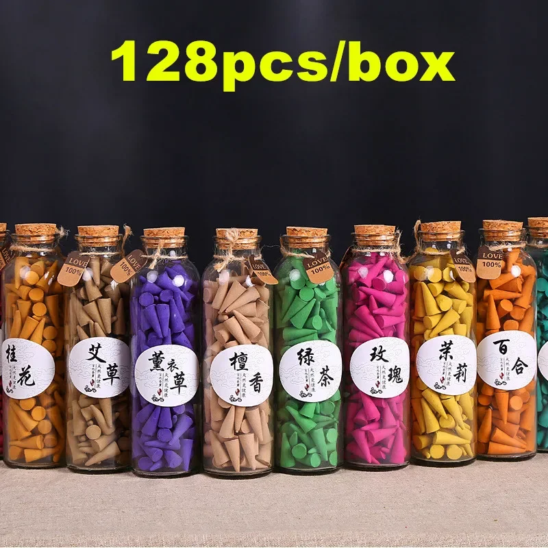 128Pcs Glass Bottle Package Flavor Can Choose Natural Smoke Backflow Incense Cones Hollow Cone Incense Sandalwood