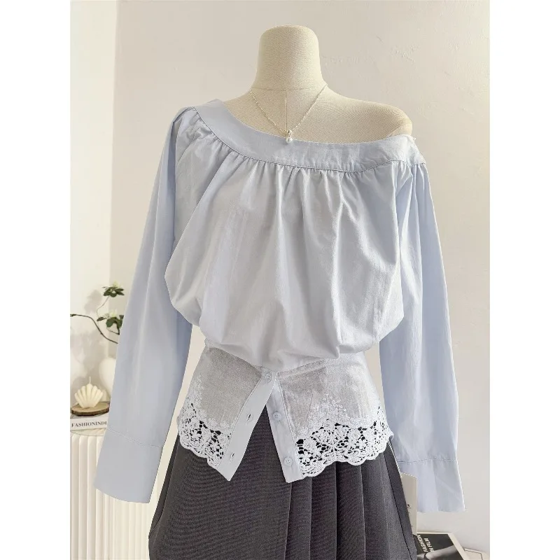 Korean Temperament Diagonal Collar Off-the-shoulder Shirt Women' Long-sleeved Spring Lace Splicing Waist Foreign Style Shirt Top