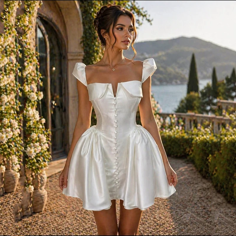 Eightree Fashion Short Wedding Dresses Sqaure Collar Sleeveless Buttons Bridal Dress White Evening Wedding Prom Gowns Customized