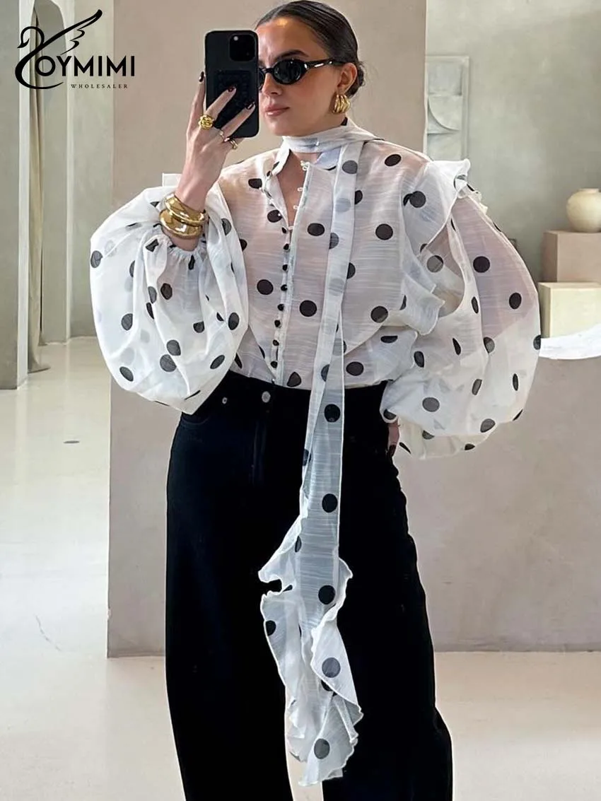 Oymimi بلوزات نسائية بيضاء مطبوعة أنيقة برباط وأكمام منتفخة بلوزات مكشكشة للخريف بلوزة فضفاضة غير رسمية واحدة الصدر #3