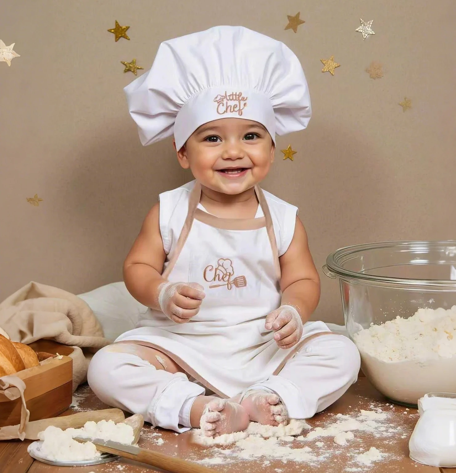 

Комплект из 2 предметов для фотосессии новорожденных: костюм повара с вышивкой в виде хлеба, реквизит для детских фото, идеи для съемок младенцев, наряды для фотосессии младенцев