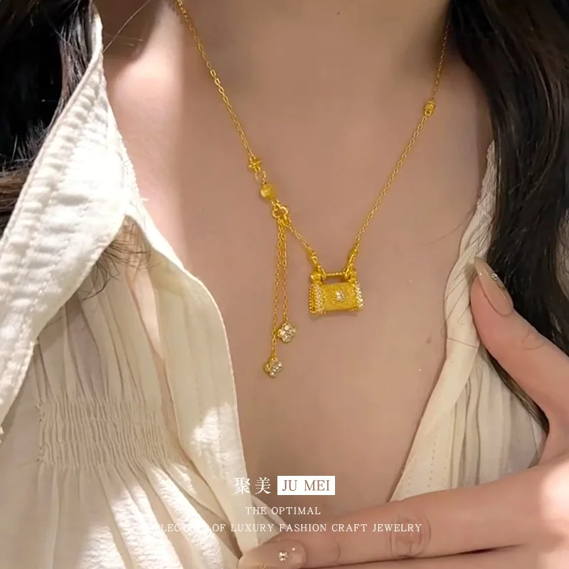 Kryos Jewelry Luxury 24K 9999 Pure Gold real gold Point Drill Brushed Lock Bag Necklace Longlife Lock Lucky Grass Clavicle Chain