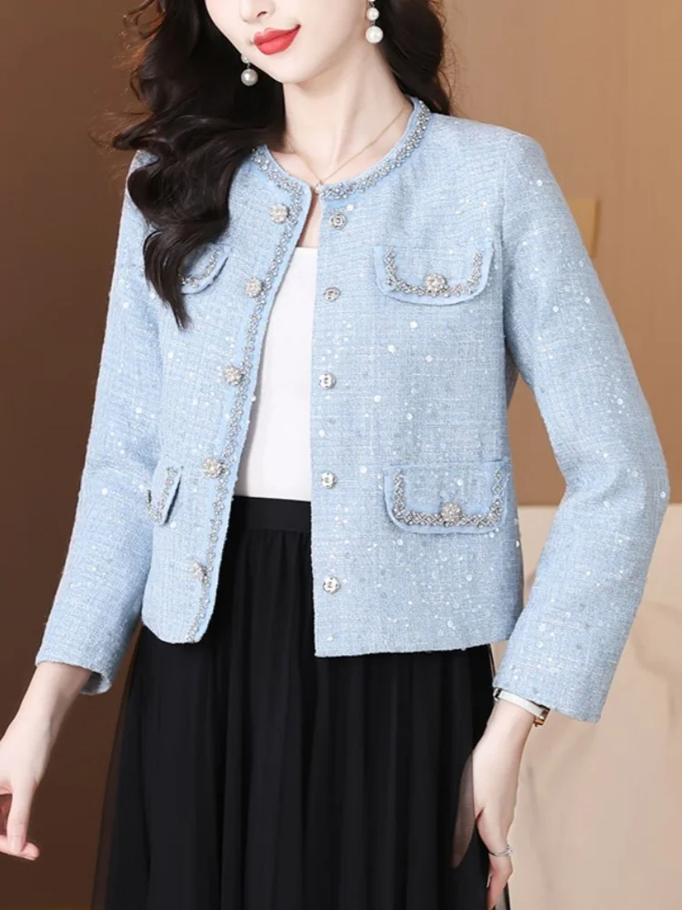 

SMTHMA High-End Fashion Blue Tweed Luxury Bead Sequins Coat Women's Celebrity Temperament Small Fragrance Style Woolen Jacke