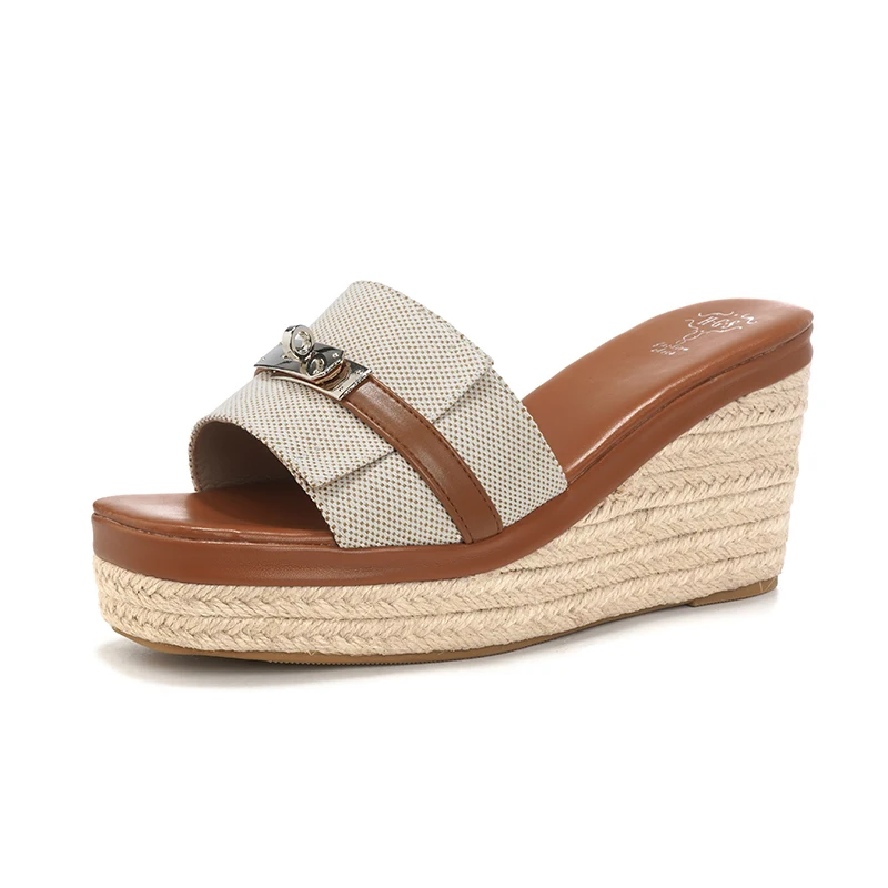 

8cm Chunky High Heels Woman Slippers Brown Wedges Shoes Summr Platform Sandals Metal Black Beach Shoes