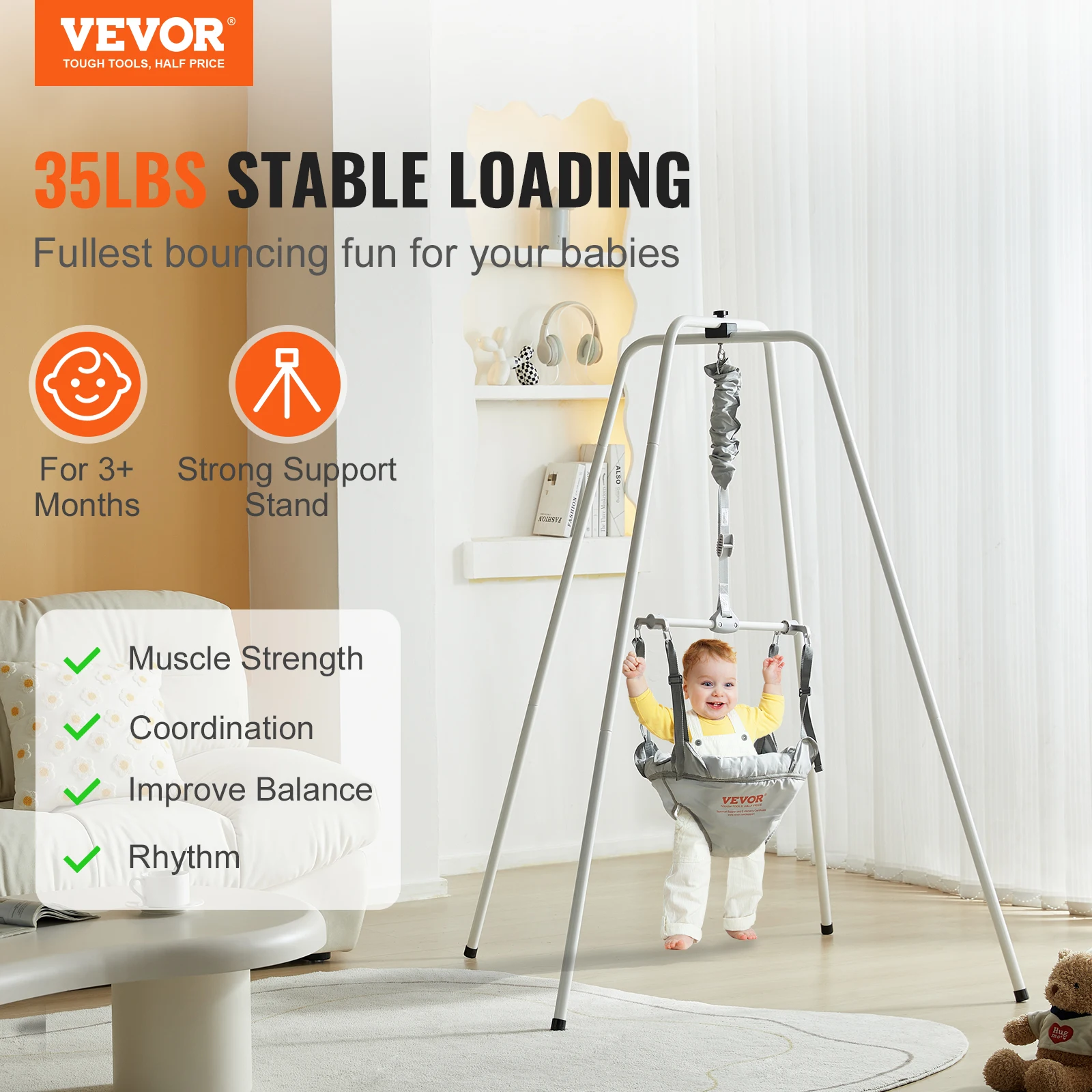 VEVOR Baby Jumper with Stand Height-Adjustable Baby Jumpers and Bouncers 35LBS Loading Toddler Infant Jumper for 3+ Months Baby