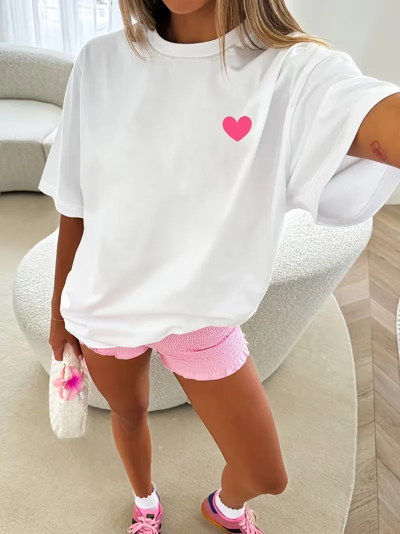 Double Heart Print T-shirt Cute Pink Double Heart Graphic Short Sleeve Round Neck Casual Tops Women Loose Fit Date And Daily Tee