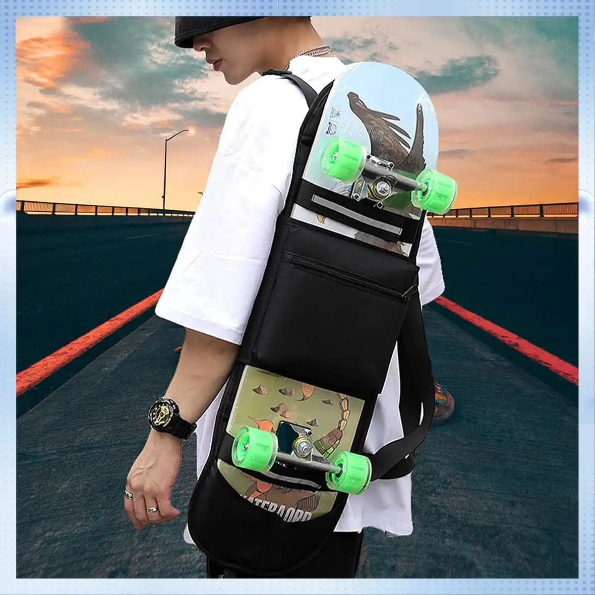 ABMW-スケートボード バックパック 折りたたみ式スケートボード バッグ メンズとボーイズ用 反射ストリップ付き