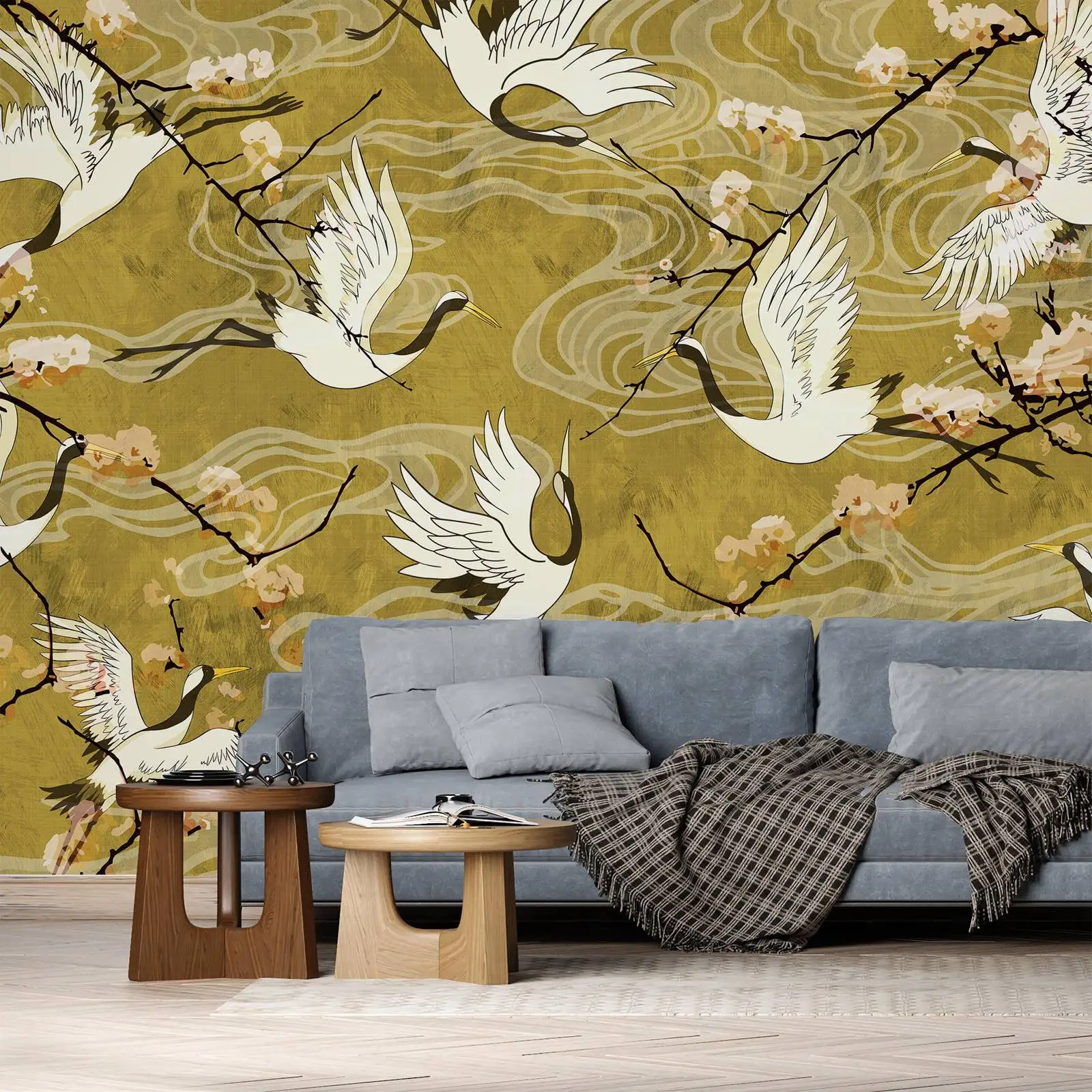 Cranes In Bloom Wall Mural, Elegant Nature Accent Wallpaper For Bedroom Decoration /Wall Art,Traditional Non-woven Paper,NO PVC