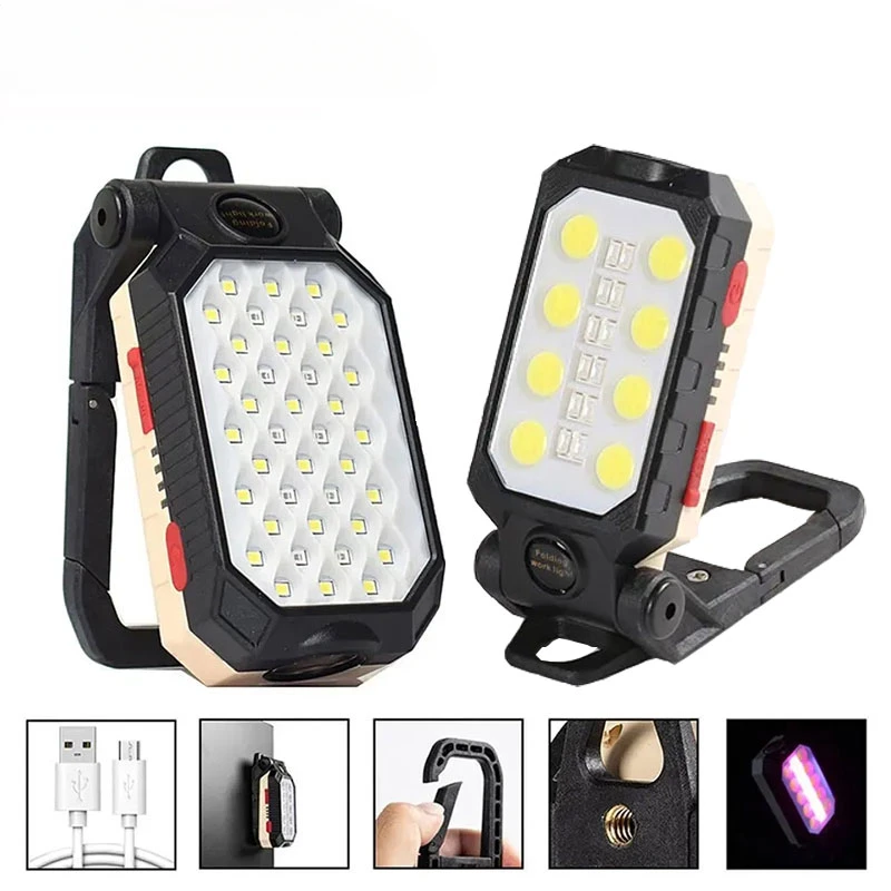 USB Rechargeable Portable LED Flashlight COB Work Light Adjustable Waterproof Camping Lantern Magnet Design Built-in Battery