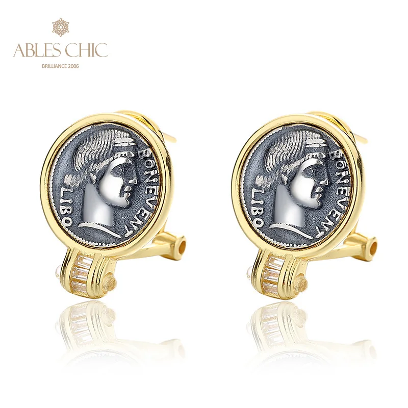 

Roman Goddess of Luck Greek Coins 18K Gold Tone Solid 925 Silver CZ Accent Stud Earrings E1047