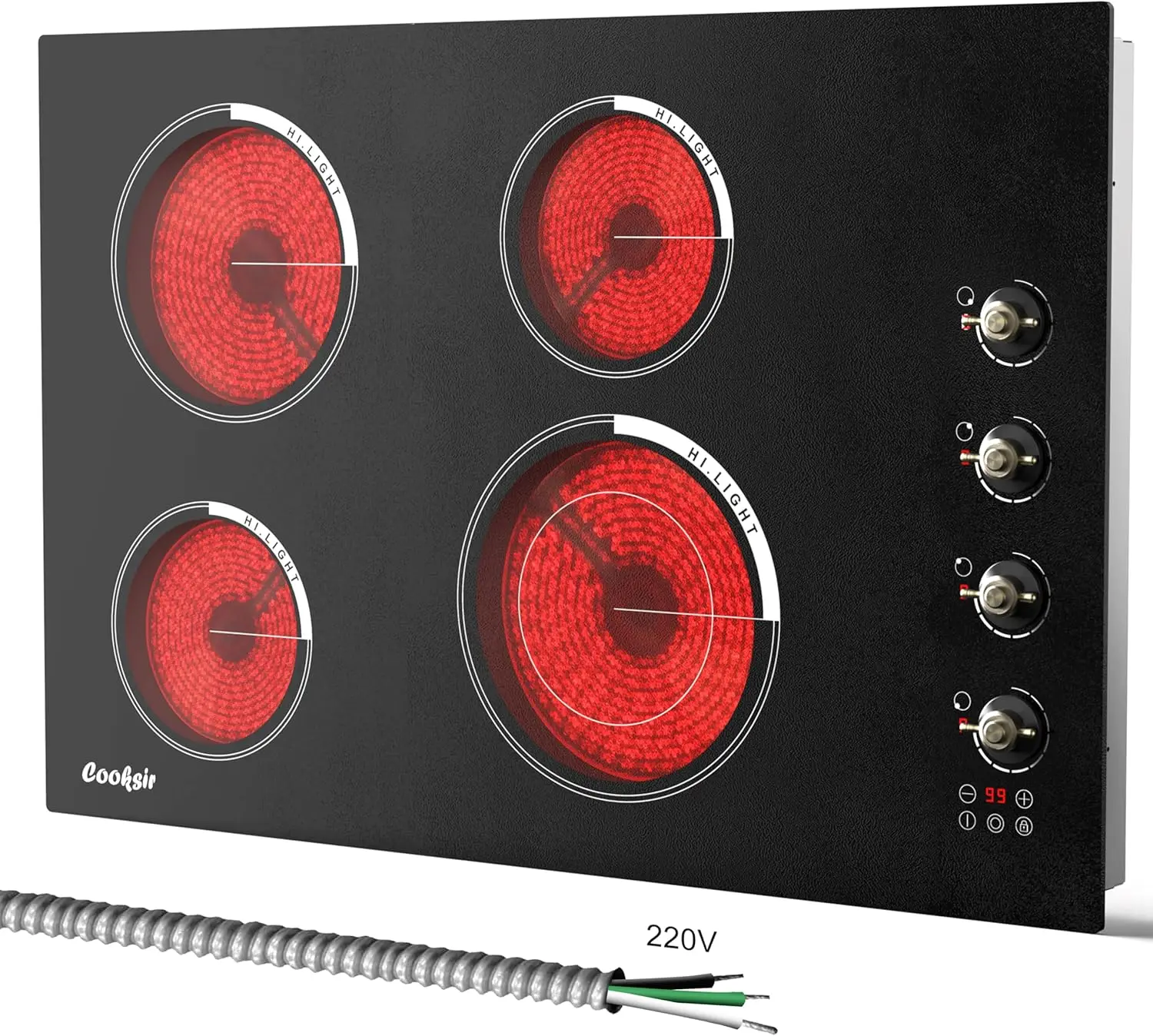 Cooktop - 4 Burner Built-in Glass Ceramic Stove Top 6700W, 240V Electric Cooktop Touch and Knob Control, Child Lock, Dual Ring,