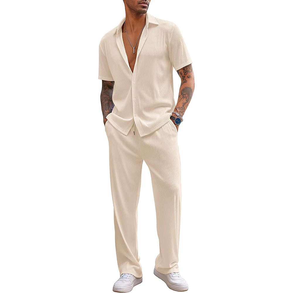 New Men\'s Two Piece Sets Solid Color Short-sleeved Shirt and Trousers Loose Casual Male Suit Tracksuit