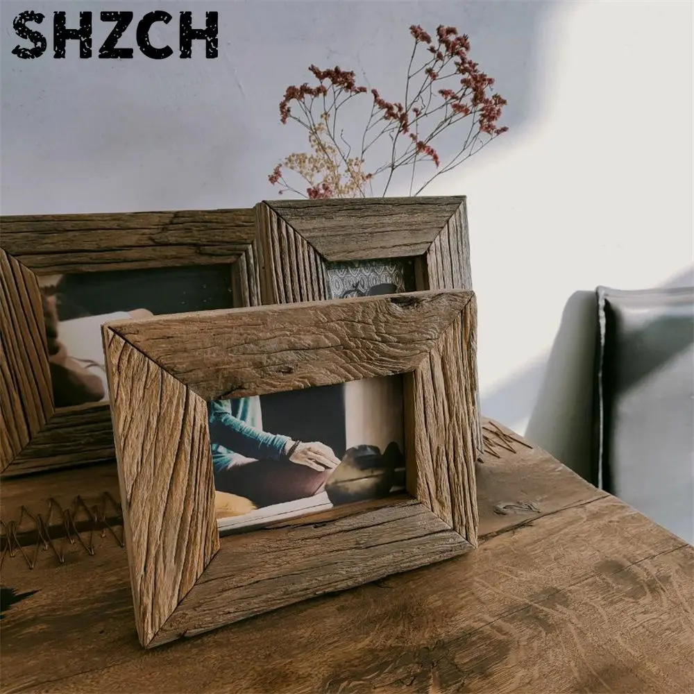 American style country weathered solid wood photo frame Vintage Desktop Photo Frame Tenon and Mortise Art Log Picture Frame