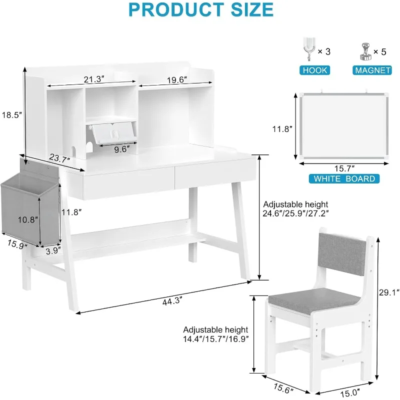 GDLF Kids Study Desk and Chair Set, Adjustable Children Study Table with Chair, Kids Wooden Desk with Hutch, Drawers, Book Stand view 3
