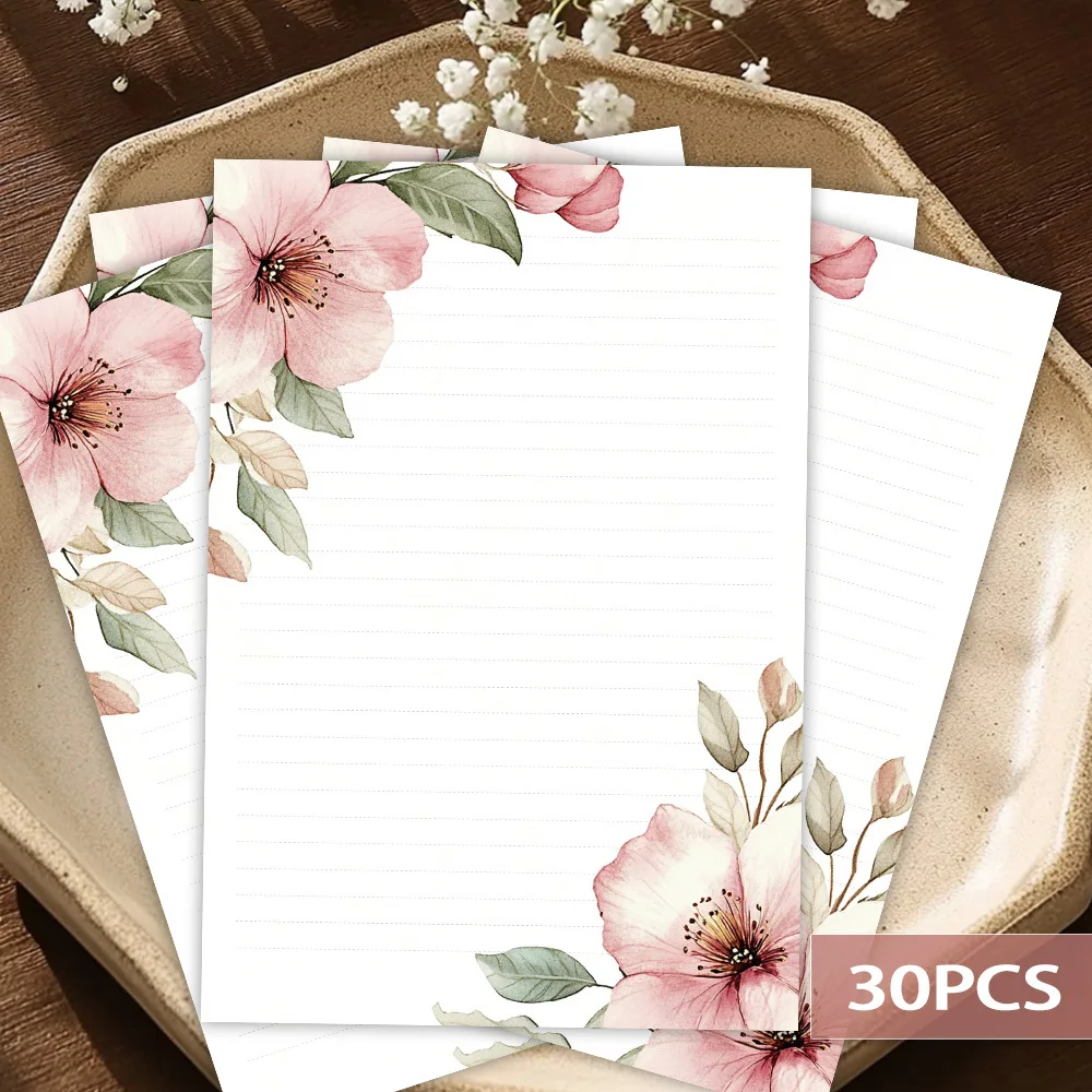 30 Sheets Of B5 Soft Pink Floral-themed Writing Paper, Lined, No Glue, Perfect For Notebooks, Memos, And Stickers