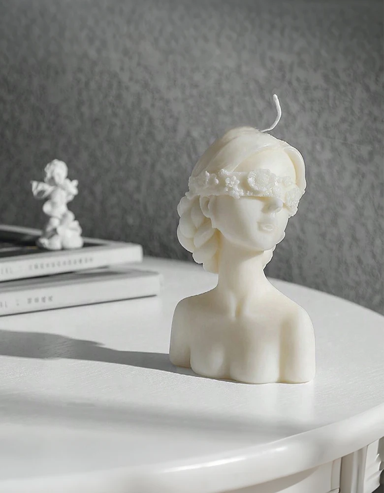 1pc Blindfolded Young Girl Scented Candle - White Half-Body Statue of Woman with Upturned Hair - Creative Home Decoration Item -