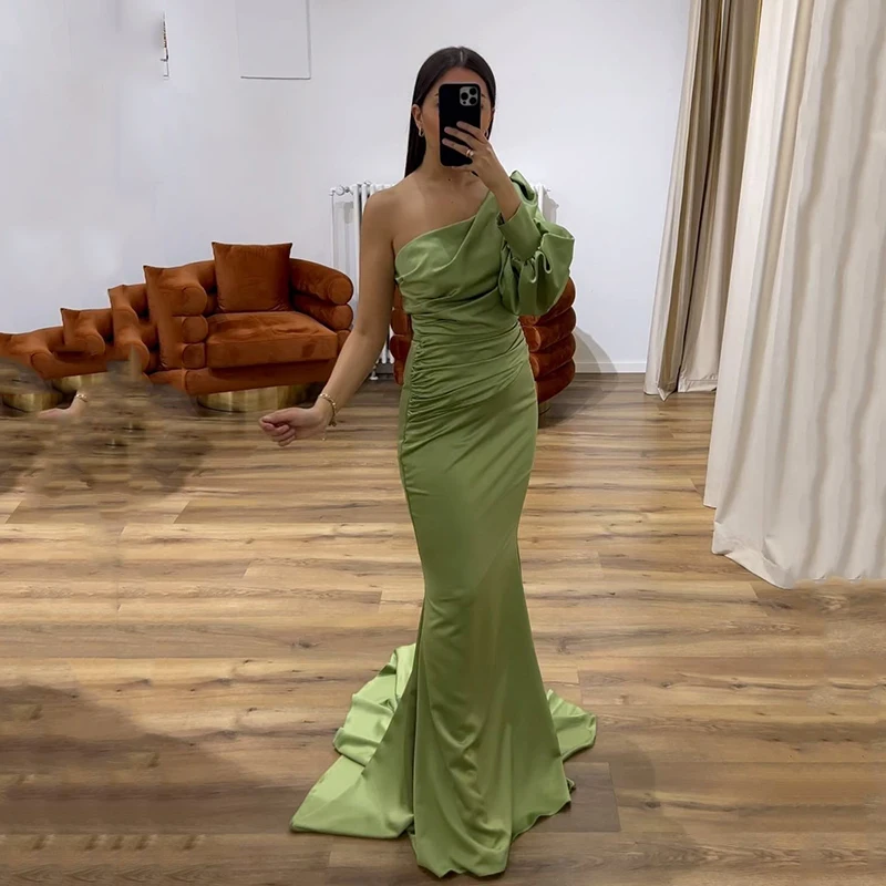 

Thinyfull Green 2023 Mermaid Prom Dresses One Shoulder Satin Evening Dress Simple Saudi Arabia Cocktail Party Gowns Custom Size