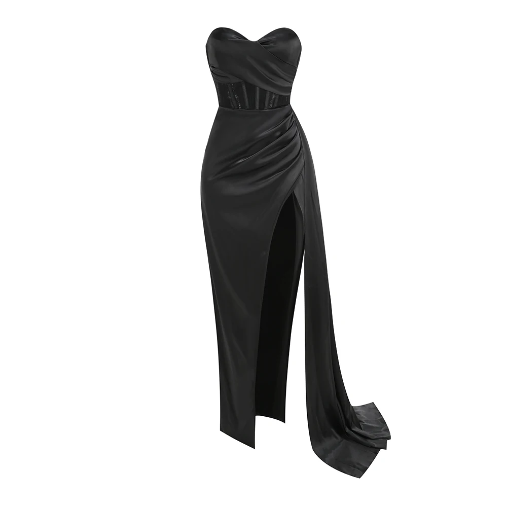 Ailigou 2024 New Summer High Quality Women's Black Sexy Satin Lace Free Pleated Long Side Split Ball Evening Dress Vestidos