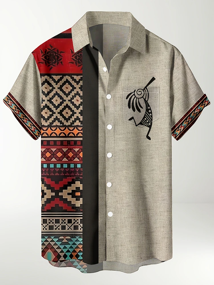 

Мужская повседневная рубашка с 3D-печатью и этническим пэчворком, новинка 2026 года, уличная мода, топ с воротником для мужчин