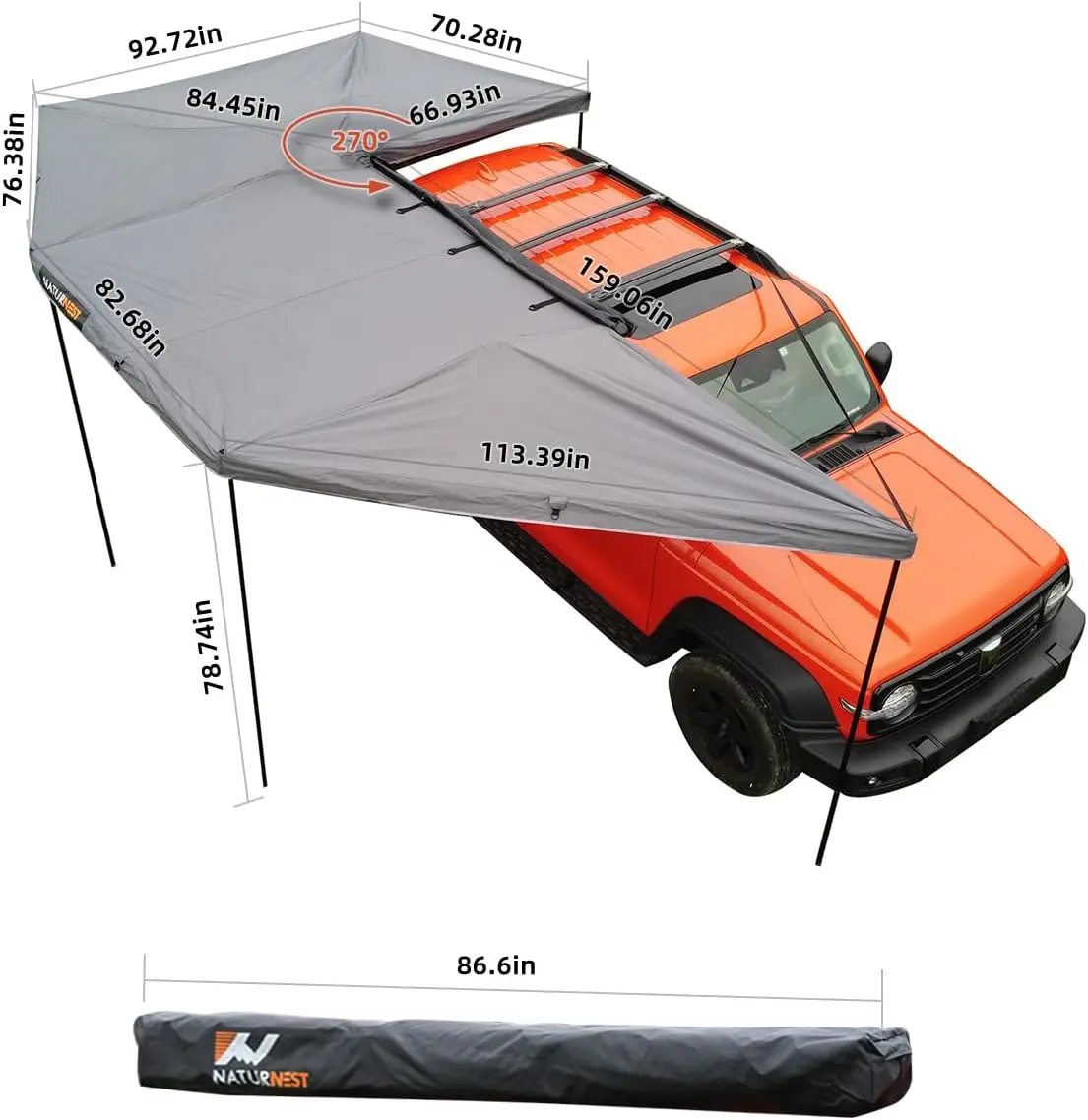 Naturnest 270 Degree Awning For Suv Jeep Truck Van Vehicle Camper, All Car Top Roof Rack Awning, Vehicle Awning 270 Overland