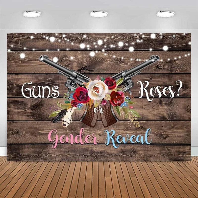 Guns or Roses Gender Reveal Backdrop Wooden Photography Background He or She Boy or Girl Baby Shower Party Banner Decorations