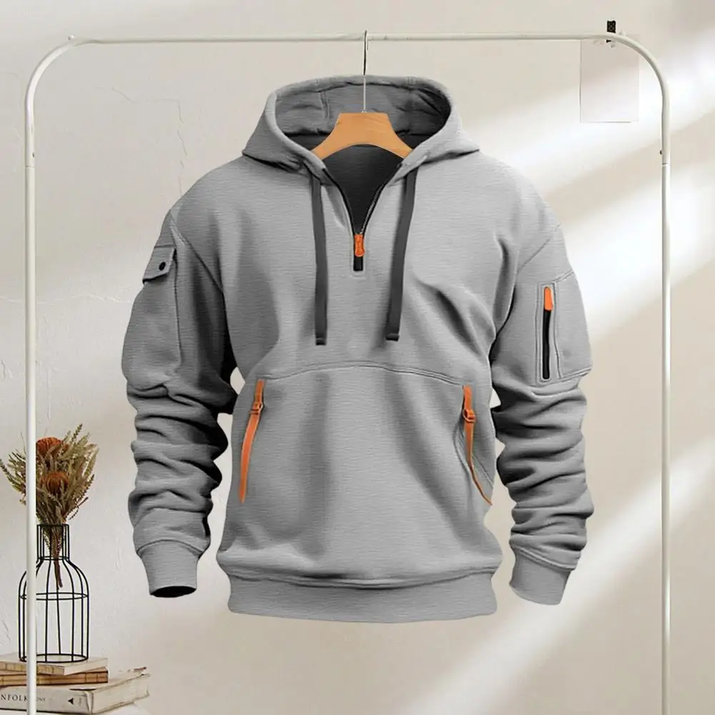 Autumn Men Hoodie Hooded Drawstring Half Zipper Pockets Elastic Cuffs And Hem Pullover Sport Fitness Travel School Top