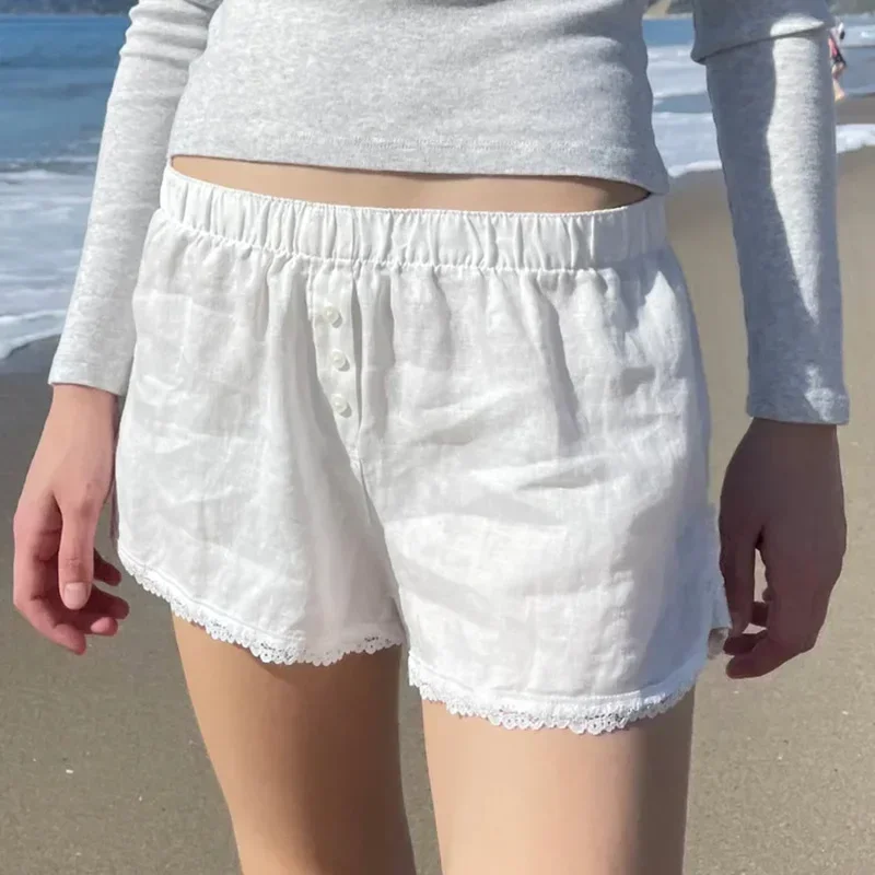 Sommerkleidung 2024 Hohe Taille Weiß Kawaii Süße Skort Shorts Spitzenbesatz Baumwollshorts für Frauen Mädchen 2000er Jahre Y2K Jugendliche Shorts