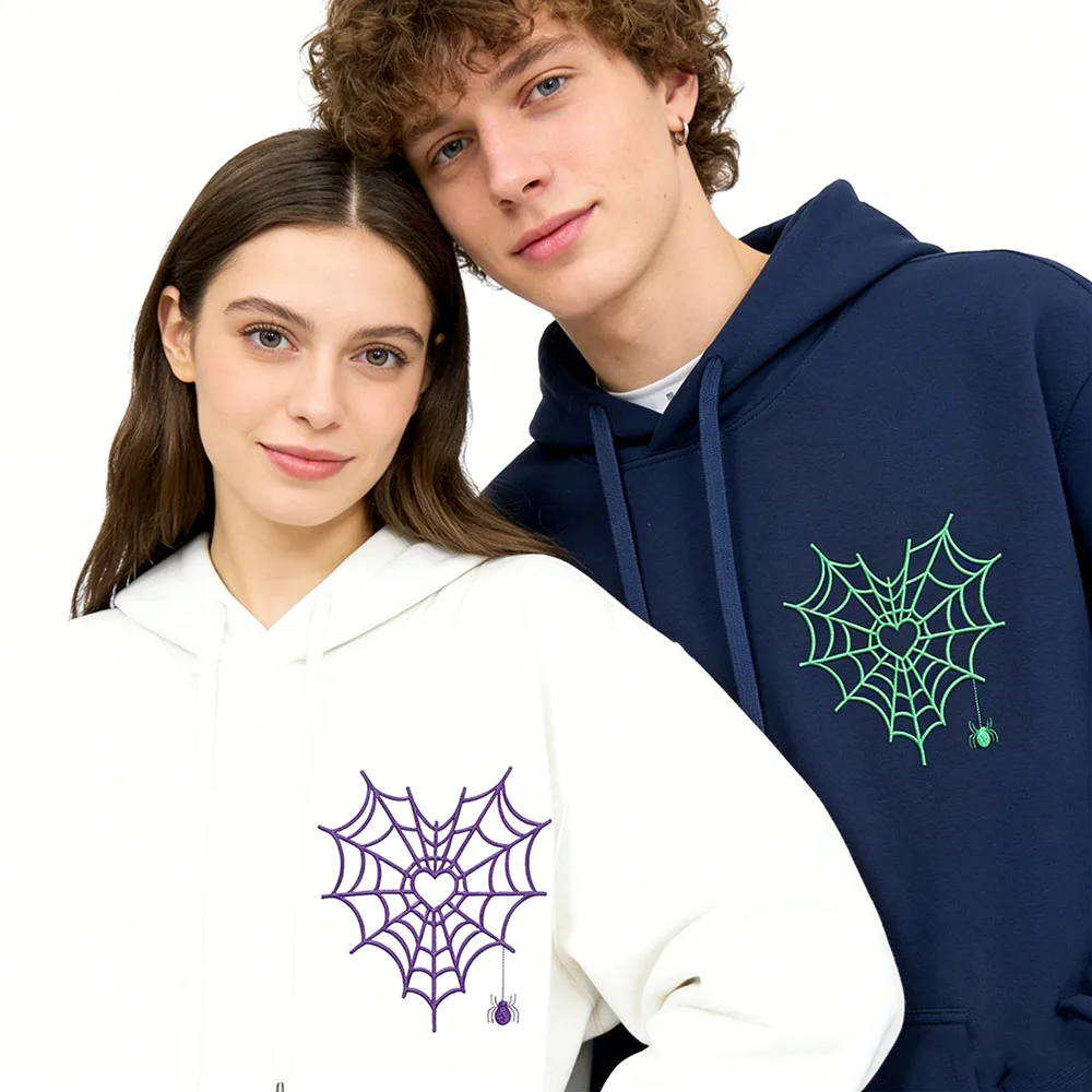 Custom Name Icon Spider Web Heart Couple Hoodie Valentine Day Matching Sweatshirts Unisex Drawstring Hooded Sweatshirt