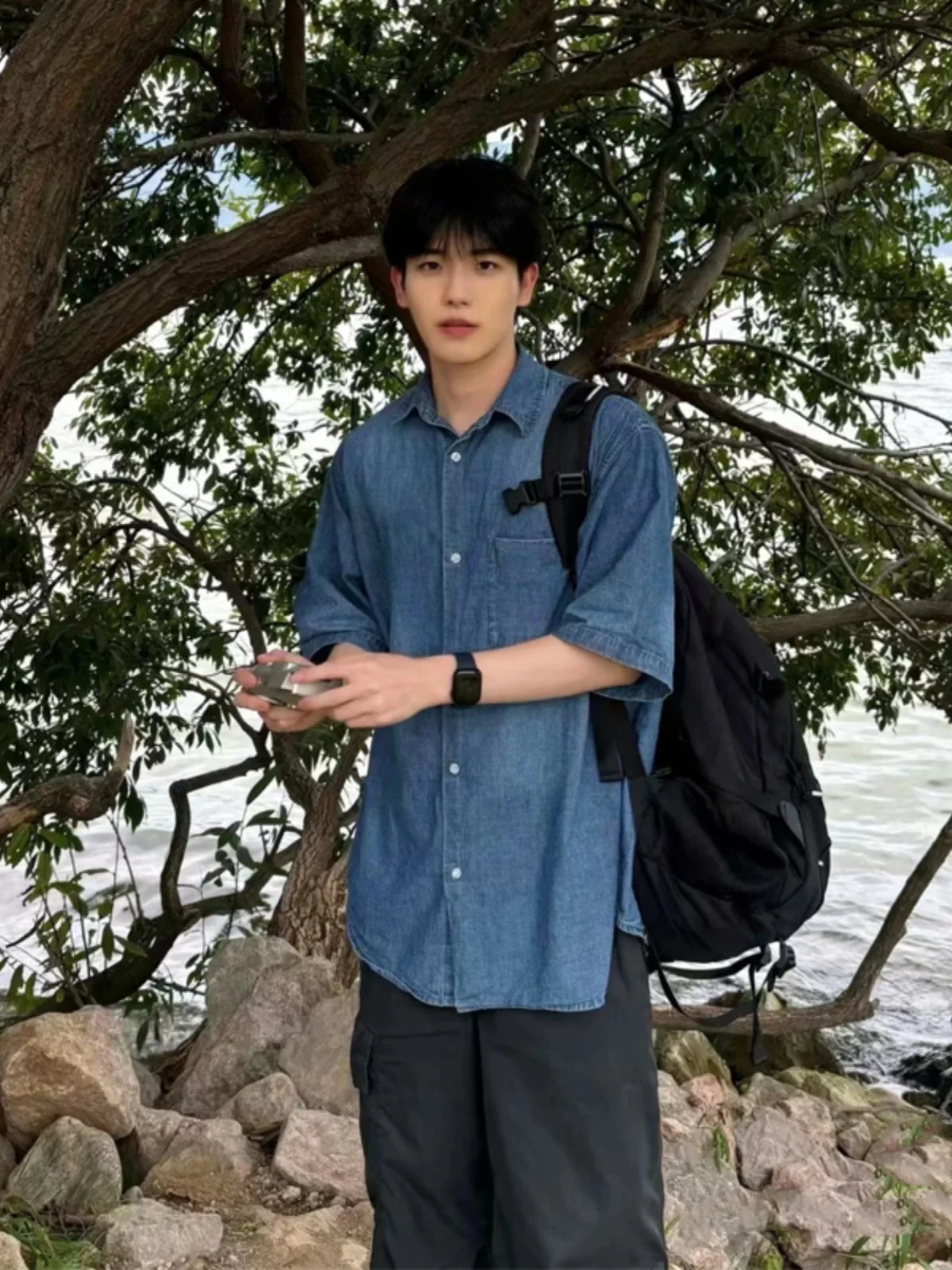 

Deep Blue Denim Shirt Men's Summer American Retro Thin Short Sleeve Workwear Style Outerwear Loose Fit Fashionable Casual