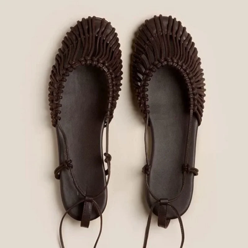 2025 Summer Low Heels Roma Sandals Fashion Outdoor Woven Hollow Women Sandals Casual Lace-up Round Head Sandals image 3
