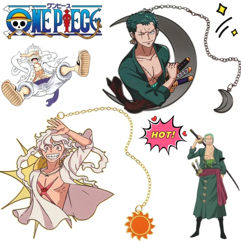 Marcapáginas de metal creativo de One Piece Roronoa Zoro con pelo blanco, personalidad Nika, animación secundaria, periférico de anime, con cadena y folleto.