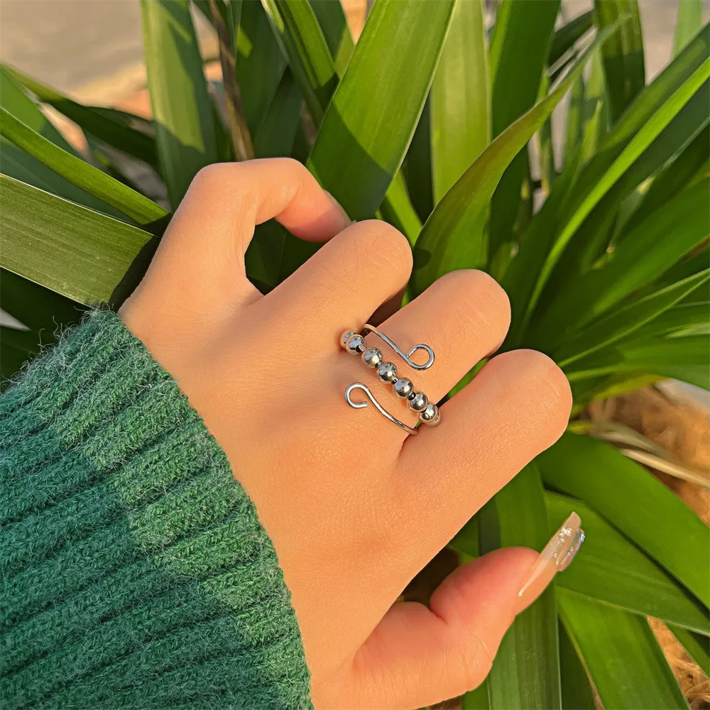 Trendy Rainbow Anxiety Rings Adjustable Stainless Steel Fidget Rotate Bead Anti Stress Relief Finger Ring Jewelry For Women