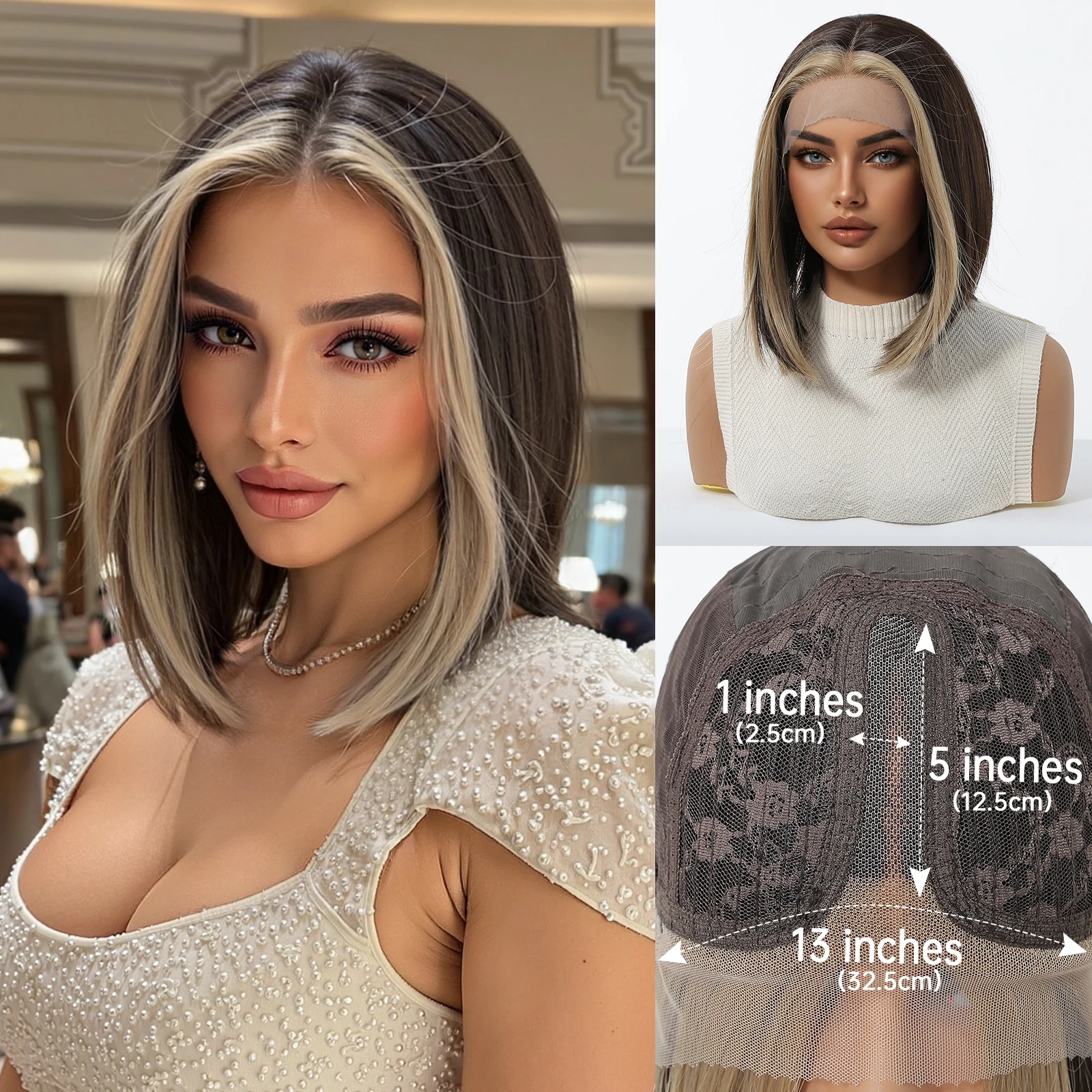

HENRY MARGU Brown mixed Blonde Bob Lace Front Wigs Short Straight Daily Synthetic Wig 13*5 Lace Frontal Wig for Women Party