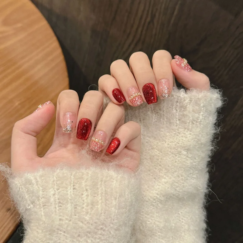 Red Lady | Elegant Short Coffin Press On Nails Decorated Fake Nails 10pcs Handmade Gentle Pearl Checks Wearable Nail Art Tips